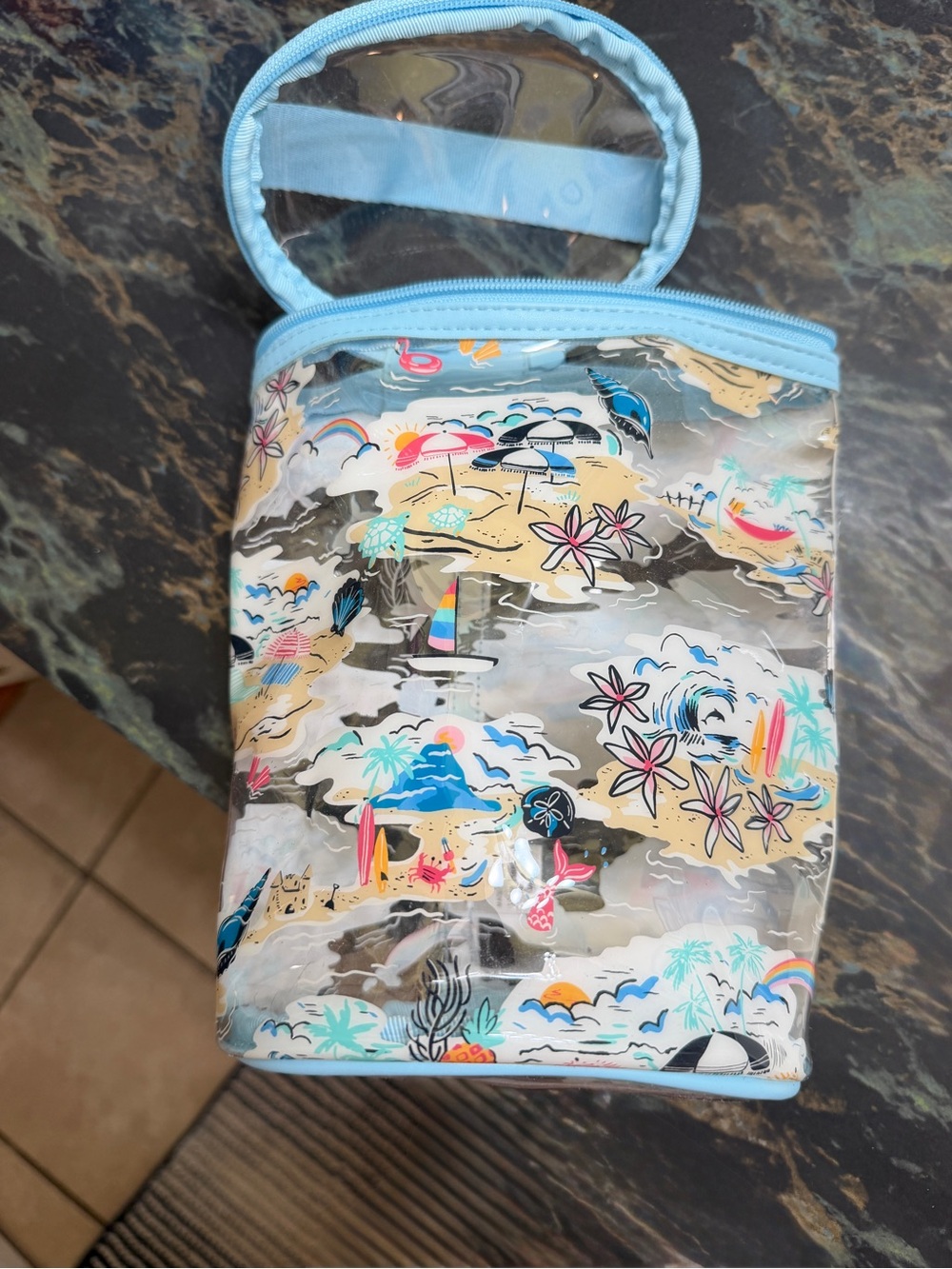 Vera Bradley Clear Beach Print Cosmetic Pouch with Light Blue Trim